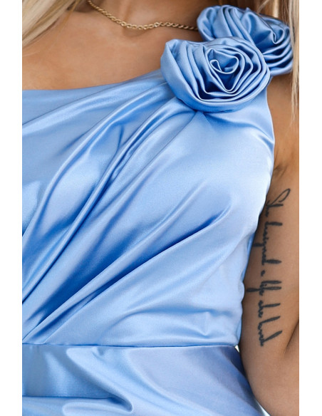  580-4 AURORA long satin one shoulder dress with roses - light blue color 