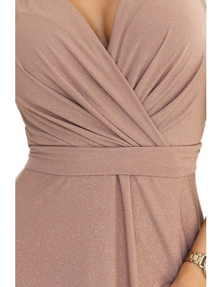  581-4 JENNIFER shiny long dress with sleeves and neckline - mocha mousse with glitter 