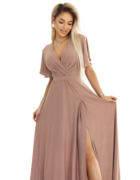  581-4 JENNIFER shiny long dress with sleeves and neckline - mocha mousse with glitter 