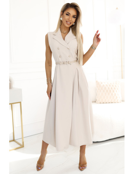  596-1 Elegant midi shirt dress with gold buttons and belt - beige 