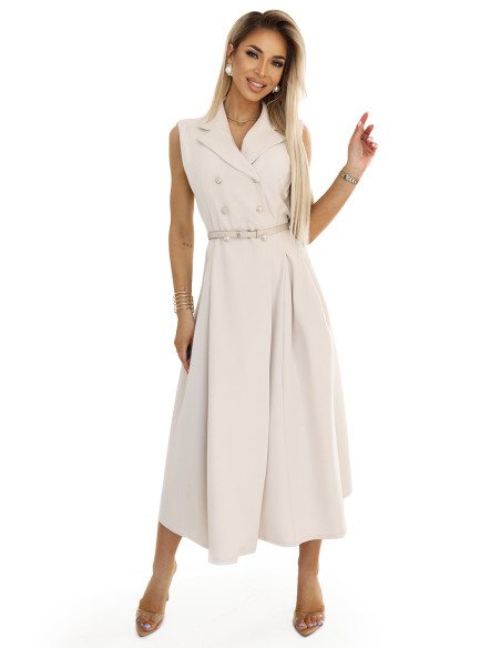  596-1 Elegant midi shirt dress with gold buttons and belt - beige 