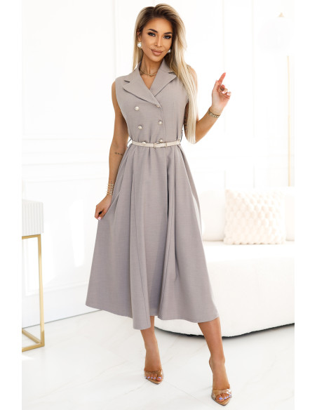  596-2 Elegant midi shirt dress with gold buttons and belt - gray beige 