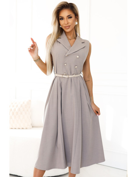  596-2 Elegant midi shirt dress with gold buttons and belt - gray beige 