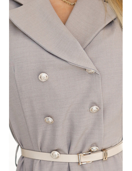  596-2 Elegant midi shirt dress with gold buttons and belt - gray beige 