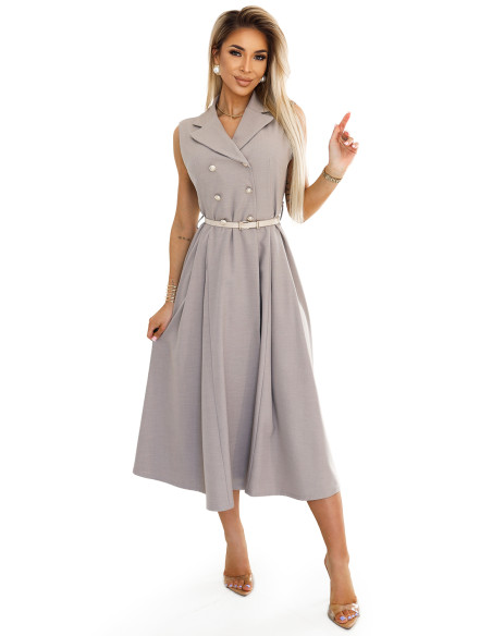  596-2 Elegant midi shirt dress with gold buttons and belt - gray beige 