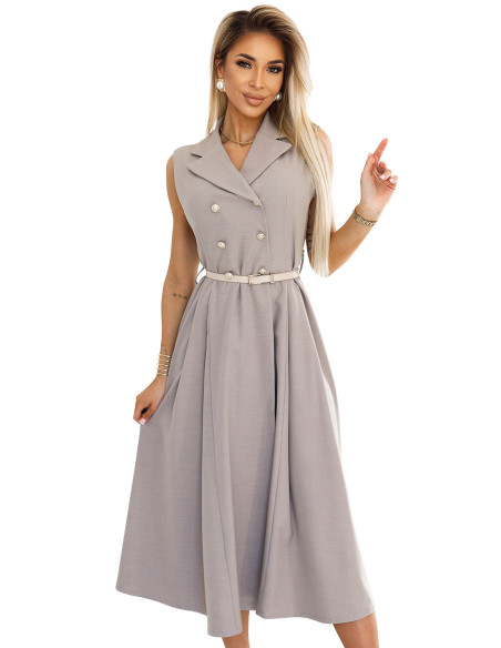  596-2 Elegant midi shirt dress with gold buttons and belt - gray beige 