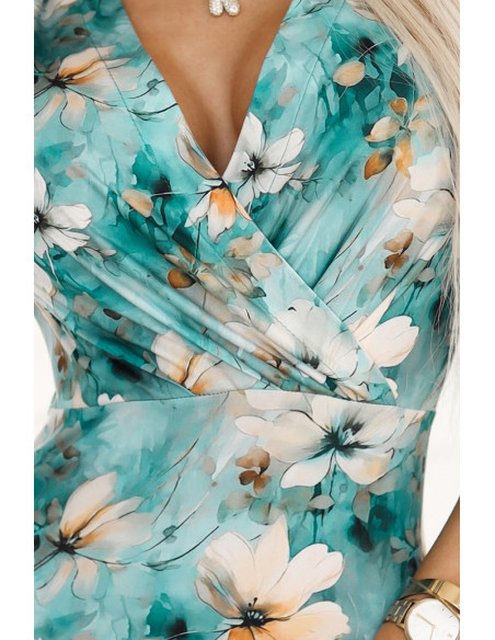 379-4 BOYKA Fitted dress with an envelope neckline - beige flowers on a turquoise background 