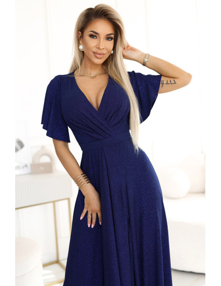  581-5 JENNIFER shiny long dress with sleeves and neckline - navy blue with glitter 