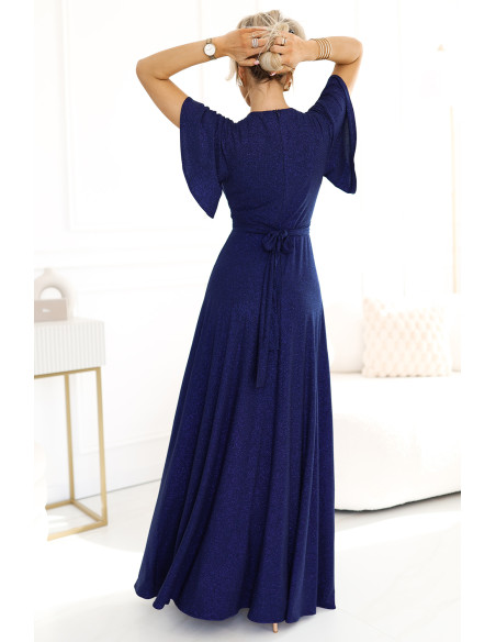  581-5 JENNIFER shiny long dress with sleeves and neckline - navy blue with glitter 