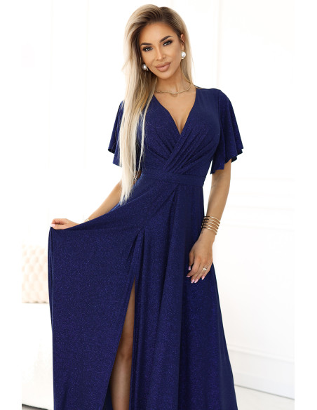  581-5 JENNIFER shiny long dress with sleeves and neckline - navy blue with glitter 