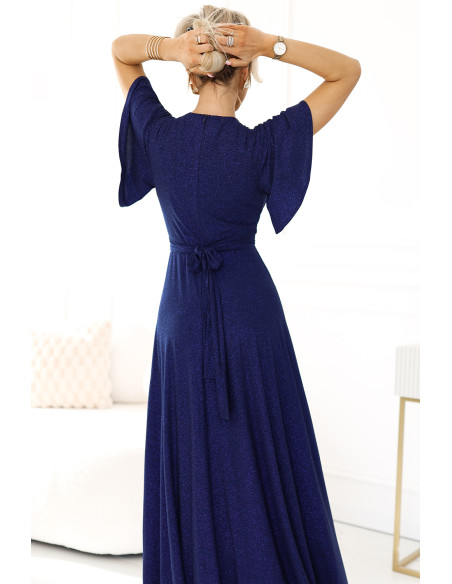  581-5 JENNIFER shiny long dress with sleeves and neckline - navy blue with glitter 