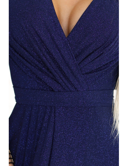  581-5 JENNIFER shiny long dress with sleeves and neckline - navy blue with glitter 