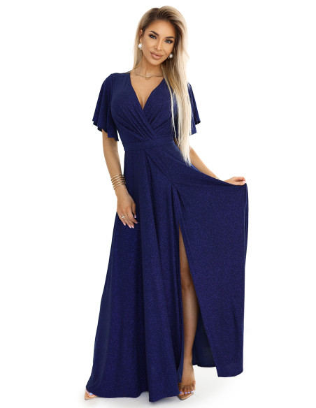  581-5 JENNIFER shiny long dress with sleeves and neckline - navy blue with glitter 