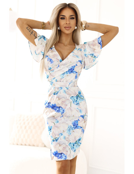  479-8 NINA dress with envelope neckline, sleeves and belt - blue floral pattern 