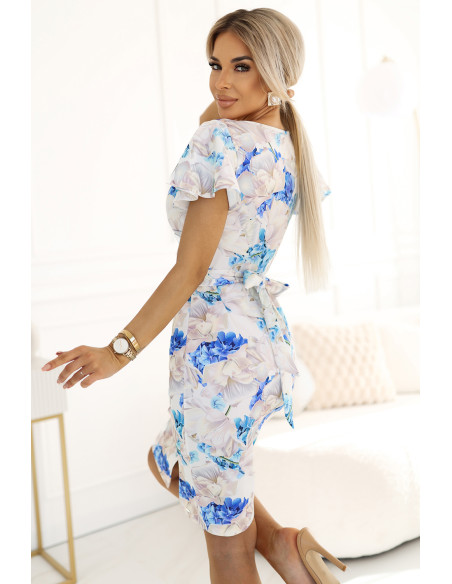  479-8 NINA dress with envelope neckline, sleeves and belt - blue floral pattern 