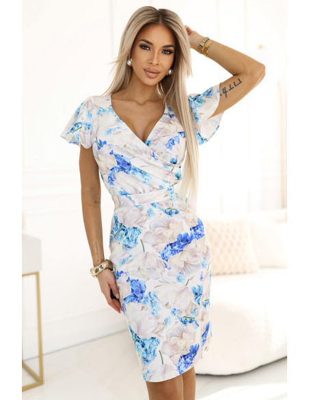  479-8 NINA dress with envelope neckline, sleeves and belt - blue floral pattern 