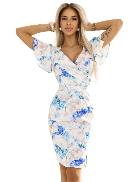  479-8 NINA dress with envelope neckline, sleeves and belt - blue floral pattern 