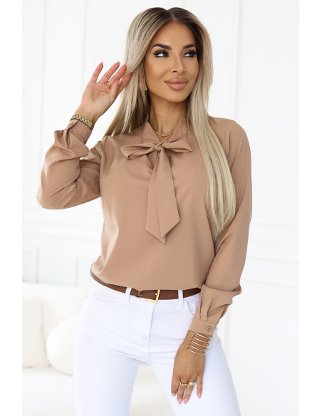 140-27 Business blouse with long sleeves and front ties - MOCHA MOUSSE 