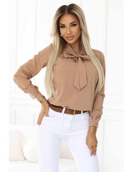  140-27 Business blouse with long sleeves and front ties - MOCHA MOUSSE 