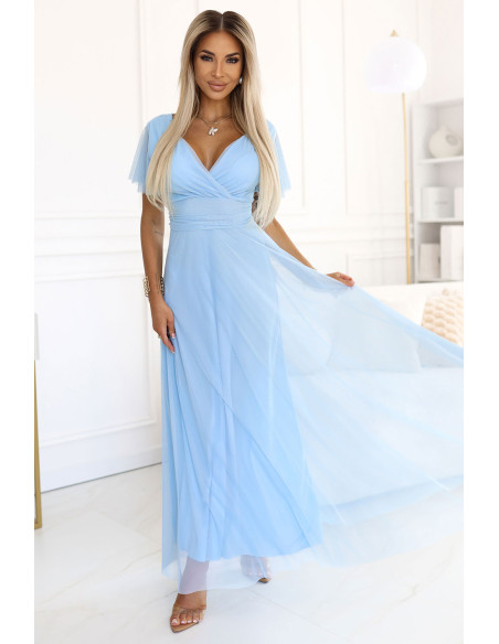  562-5 NASTIA Long dress with a neckline and short sleeves - light blue 