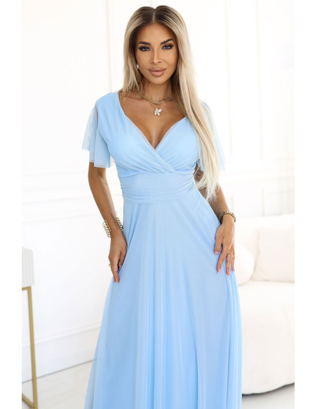  562-5 NASTIA Long dress with a neckline and short sleeves - light blue 