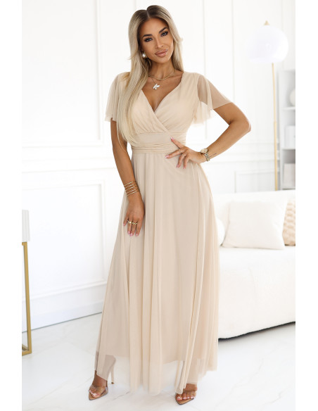  562-6 NASTIA Long dress with a neckline and short sleeves - beige 