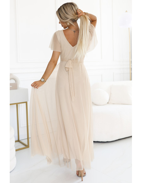  562-6 NASTIA Long dress with a neckline and short sleeves - beige 