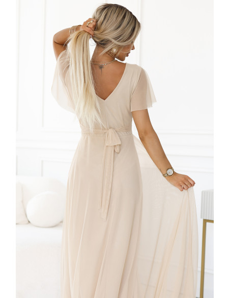  562-6 NASTIA Long dress with a neckline and short sleeves - beige 