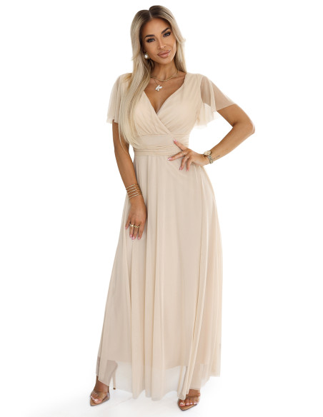  562-6 NASTIA Long dress with a neckline and short sleeves - beige 