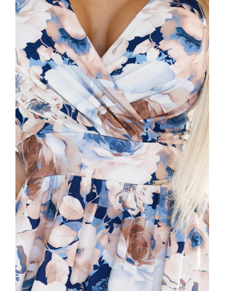  425-13 MATILDE Feminine dress with a neckline and short sleeves - beige and blue flowers 