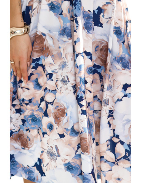  425-13 MATILDE Feminine dress with a neckline and short sleeves - beige and blue flowers 