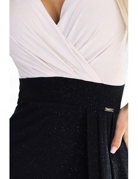  451-3 Shiny dress with short sleeves, neckline and slit on the leg - black and beige with glitter 