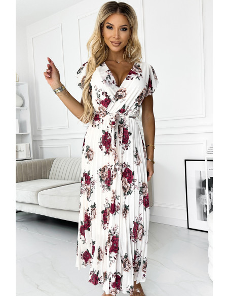  434-8 LISA Pleated midi dress with a neckline and frills - burgundy roses 