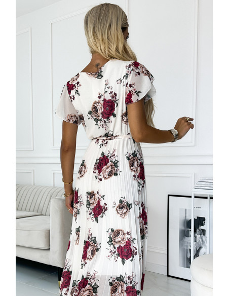  434-8 LISA Pleated midi dress with a neckline and frills - burgundy roses 