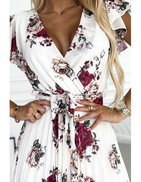  434-8 LISA Pleated midi dress with a neckline and frills - burgundy roses 