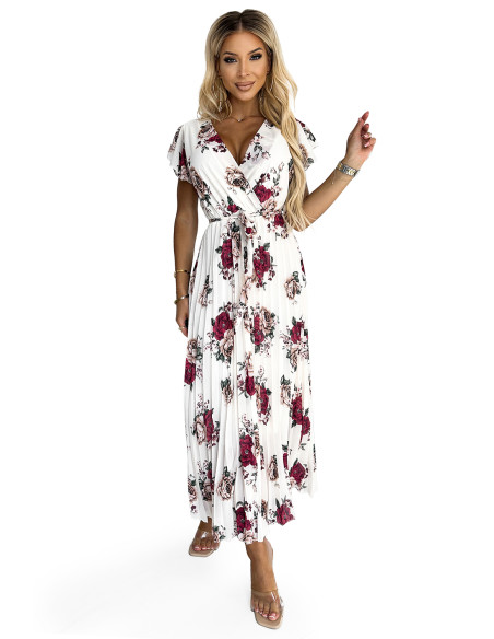  434-8 LISA Pleated midi dress with a neckline and frills - burgundy roses 