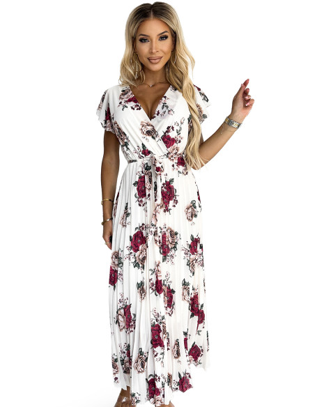  434-8 LISA Pleated midi dress with a neckline and frills - burgundy roses 