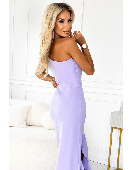 317-6 Lavender long dress with ruffles and asymmetrical neckline 