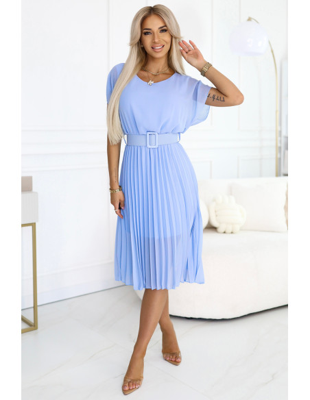  465-4 MIA Pleated Chiffon Midi Dress with Wide Belt - Light Blue 