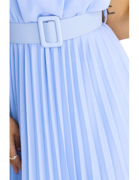  465-4 MIA Pleated Chiffon Midi Dress with Wide Belt - Light Blue 