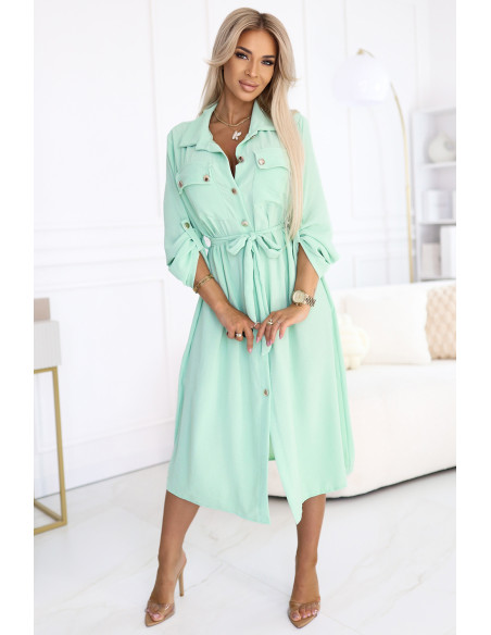  531-4 Midi Shirt Dress with Gold Buttons and Tie - Light Mint 