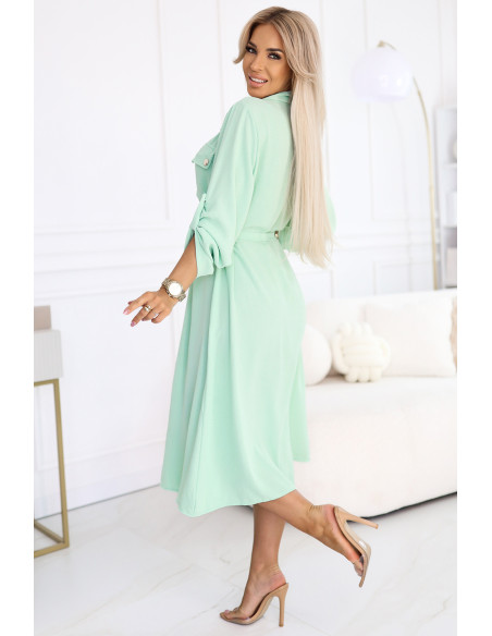  531-4 Midi Shirt Dress with Gold Buttons and Tie - Light Mint 