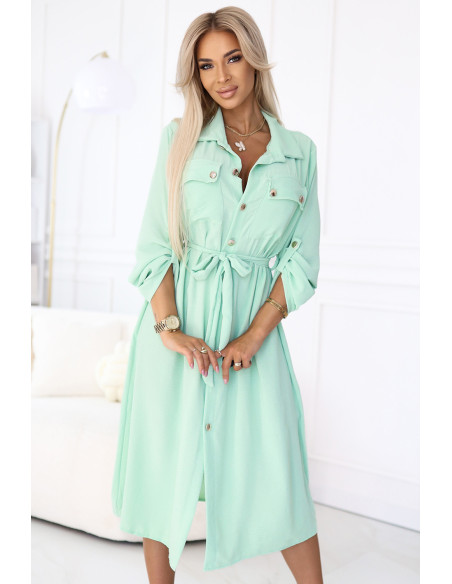  531-4 Midi Shirt Dress with Gold Buttons and Tie - Light Mint 