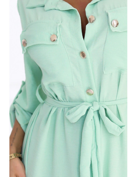  531-4 Midi Shirt Dress with Gold Buttons and Tie - Light Mint 