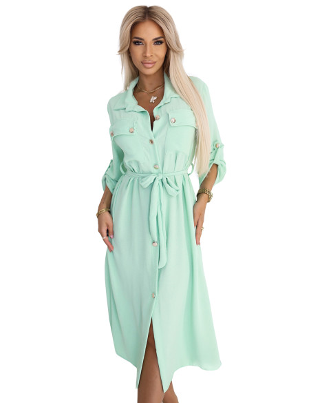  531-4 Midi Shirt Dress with Gold Buttons and Tie - Light Mint 
