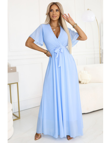  545-2 Long dress with pleated neckline and tie - light blue 