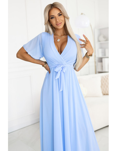  545-2 Long dress with pleated neckline and tie - light blue 