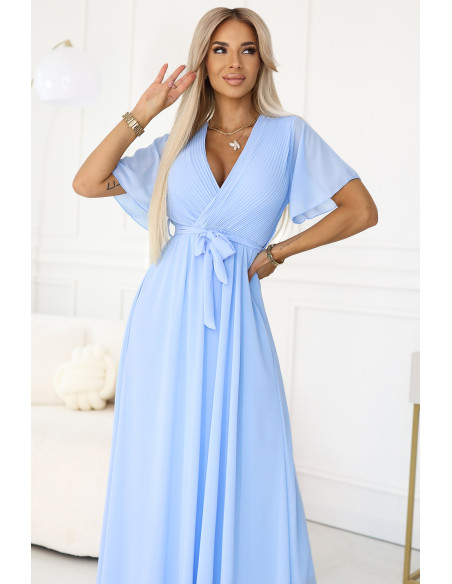  545-2 Long dress with pleated neckline and tie - light blue 