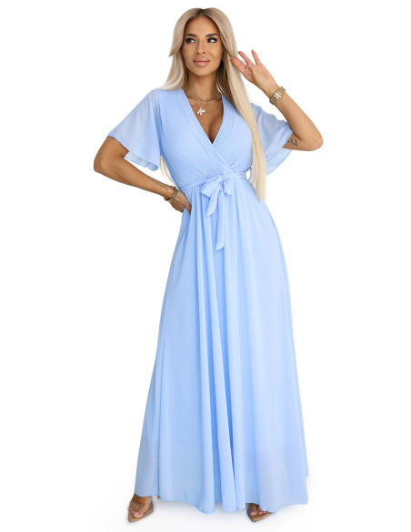 545-2 Long dress with pleated neckline and tie - light blue 