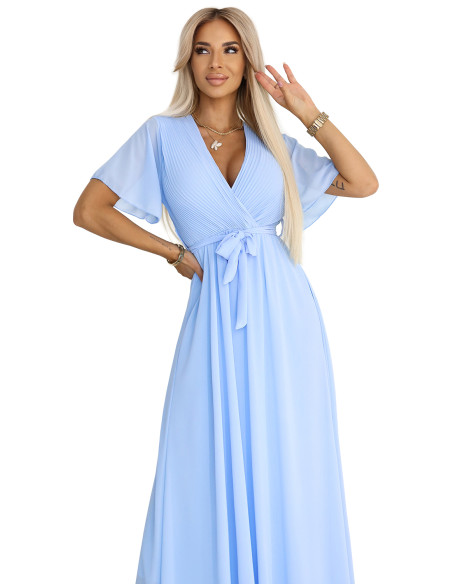  545-2 Long dress with pleated neckline and tie - light blue 